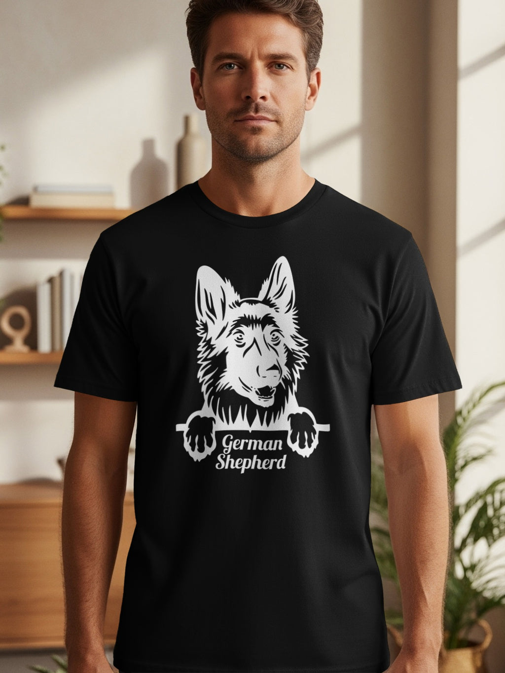 Black t-shirt with white German Shepherd graphic and text.