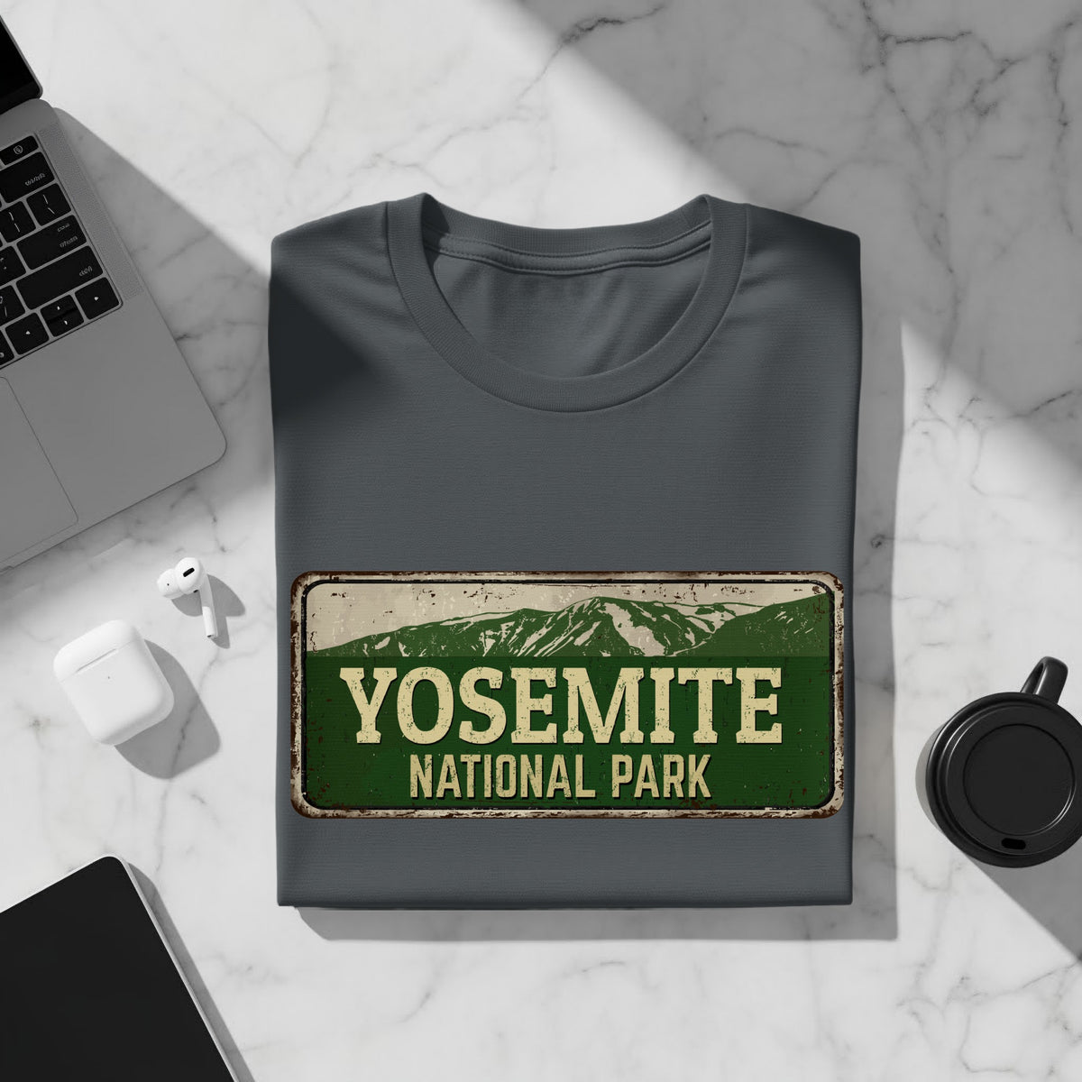 Dark grey t-shirt with Yosemite National Park graphic design.