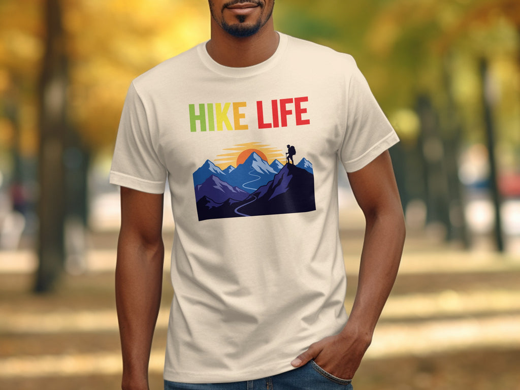 Cream t-shirt with "Hike Life" text and mountain landscape graphic.