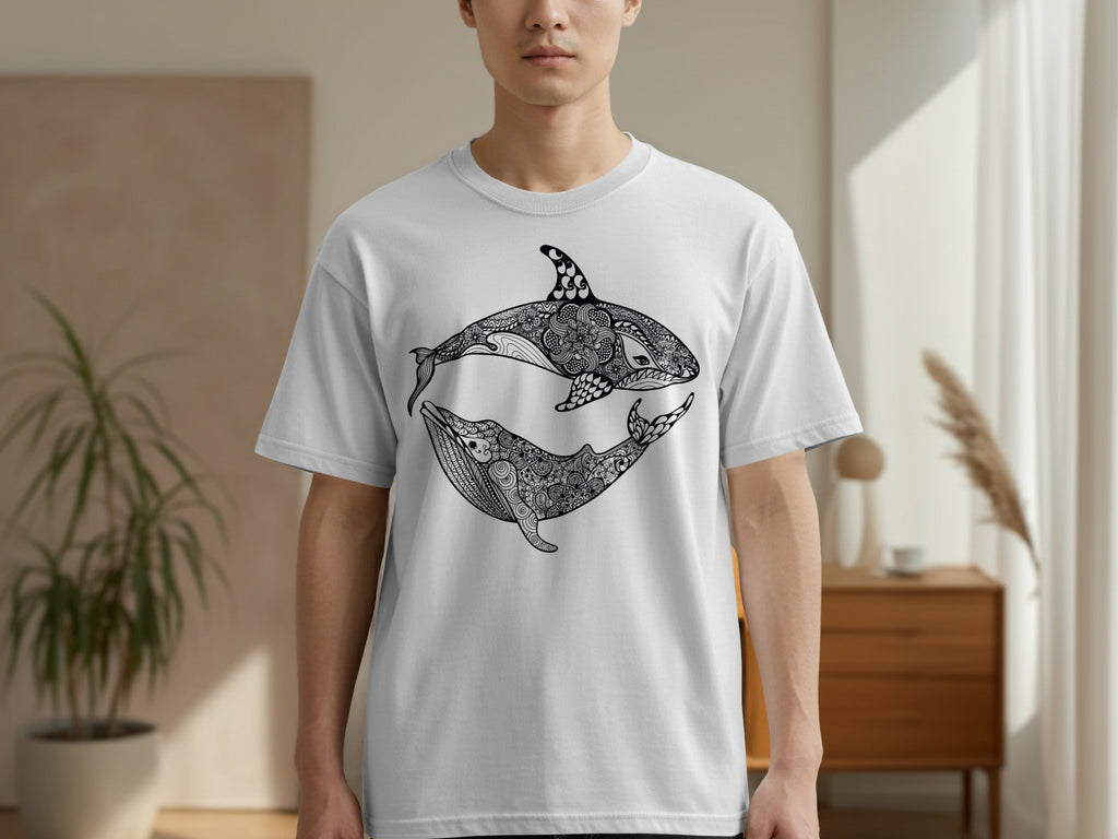 White t-shirt featuring a black and white mandala-style orca and whale design.