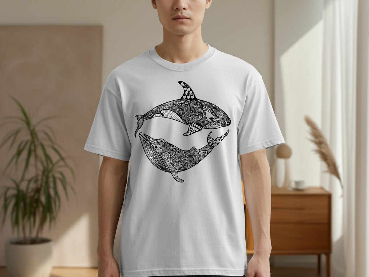 White t-shirt featuring a black and white mandala-style orca and whale design.