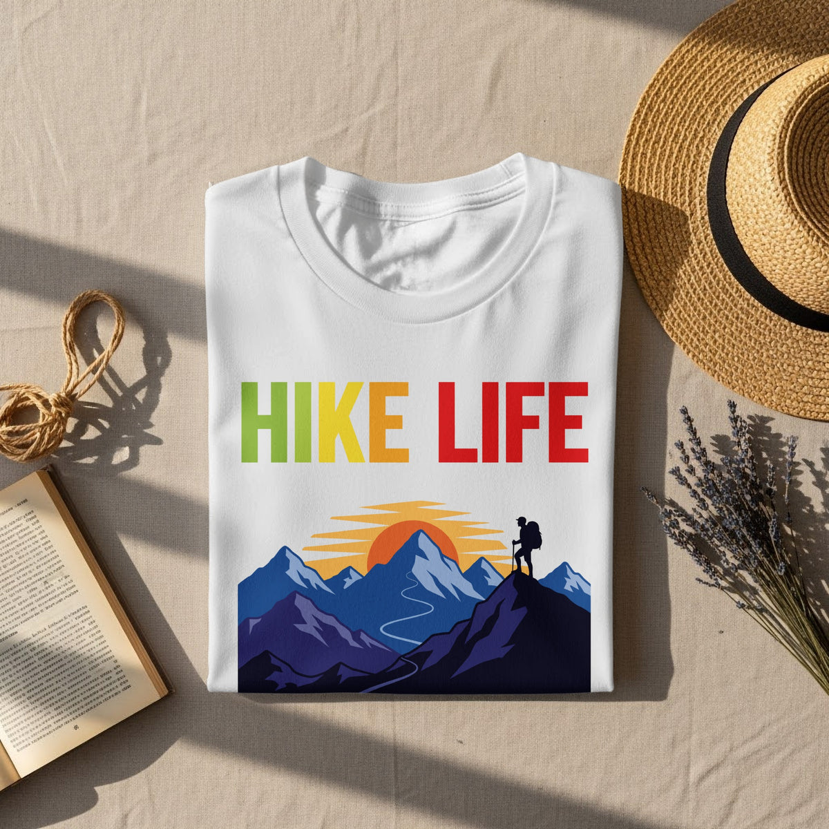 White t-shirt with "HIKE LIFE" text and a mountain sunset graphic.
