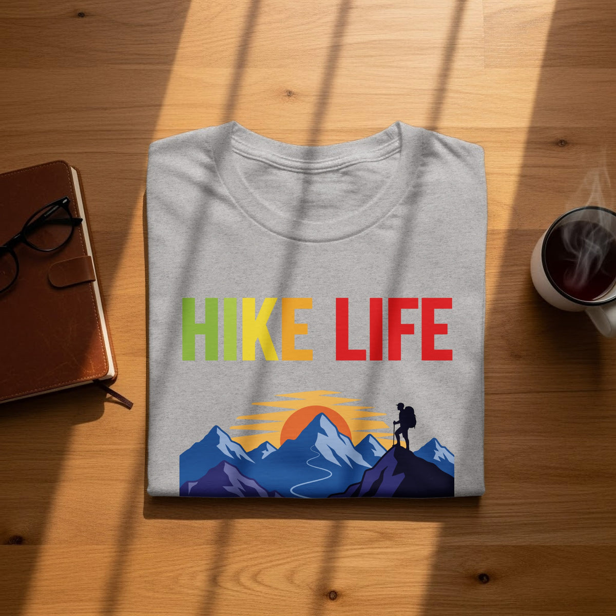 Gray t-shirt with "HIKE LIFE" text and a mountain landscape graphic.