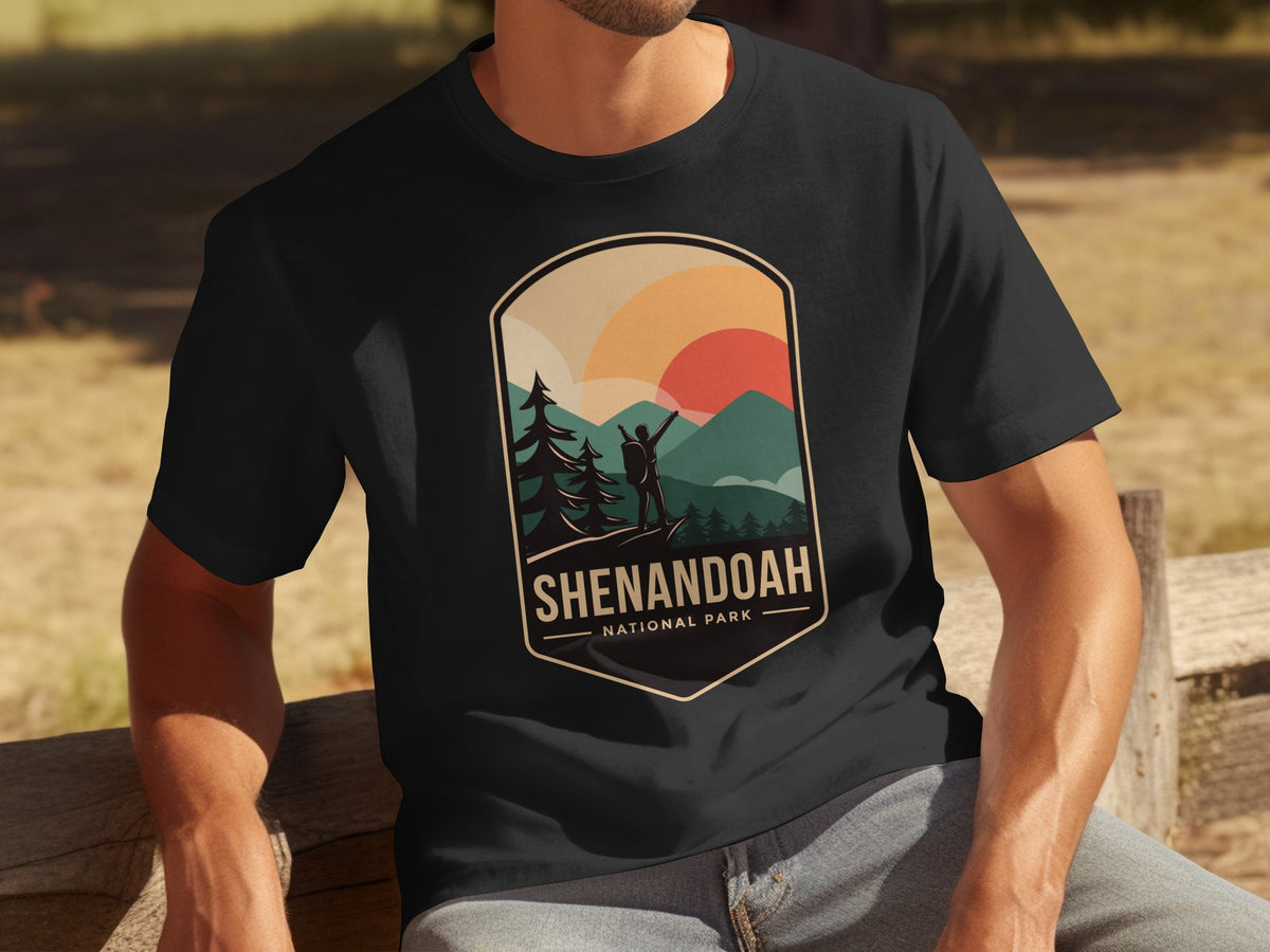Black t-shirt with Shenandoah National Park retro badge graphic.