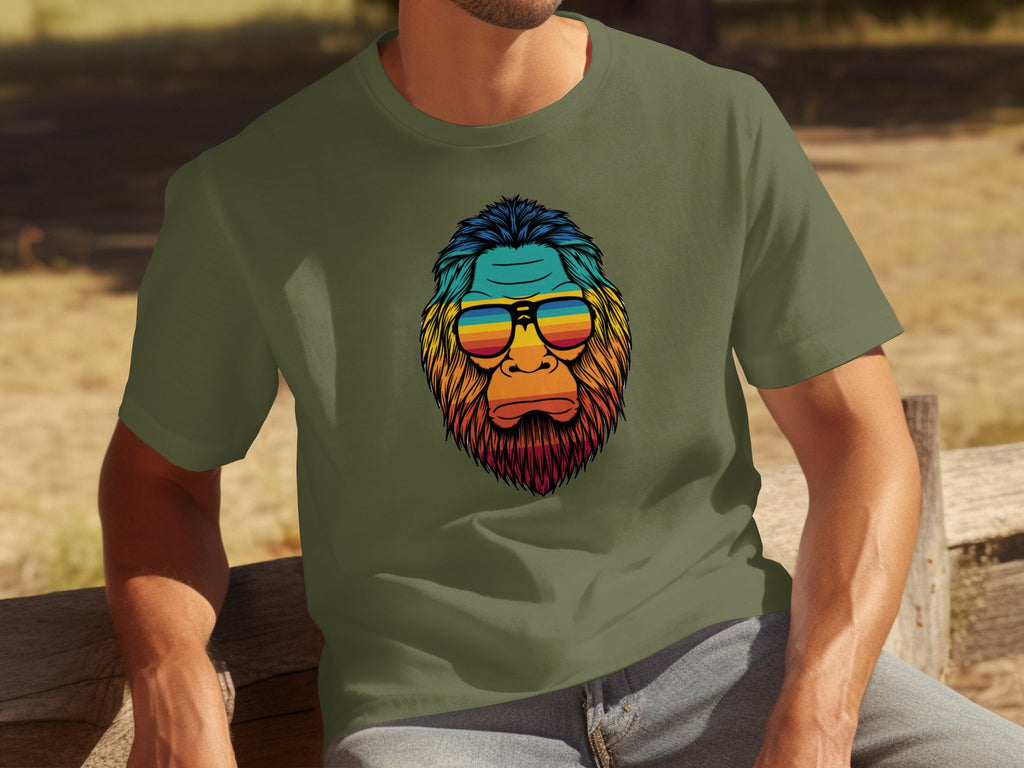 Bigfoot head with rainbow sunglasses graphic on a green t-shirt.