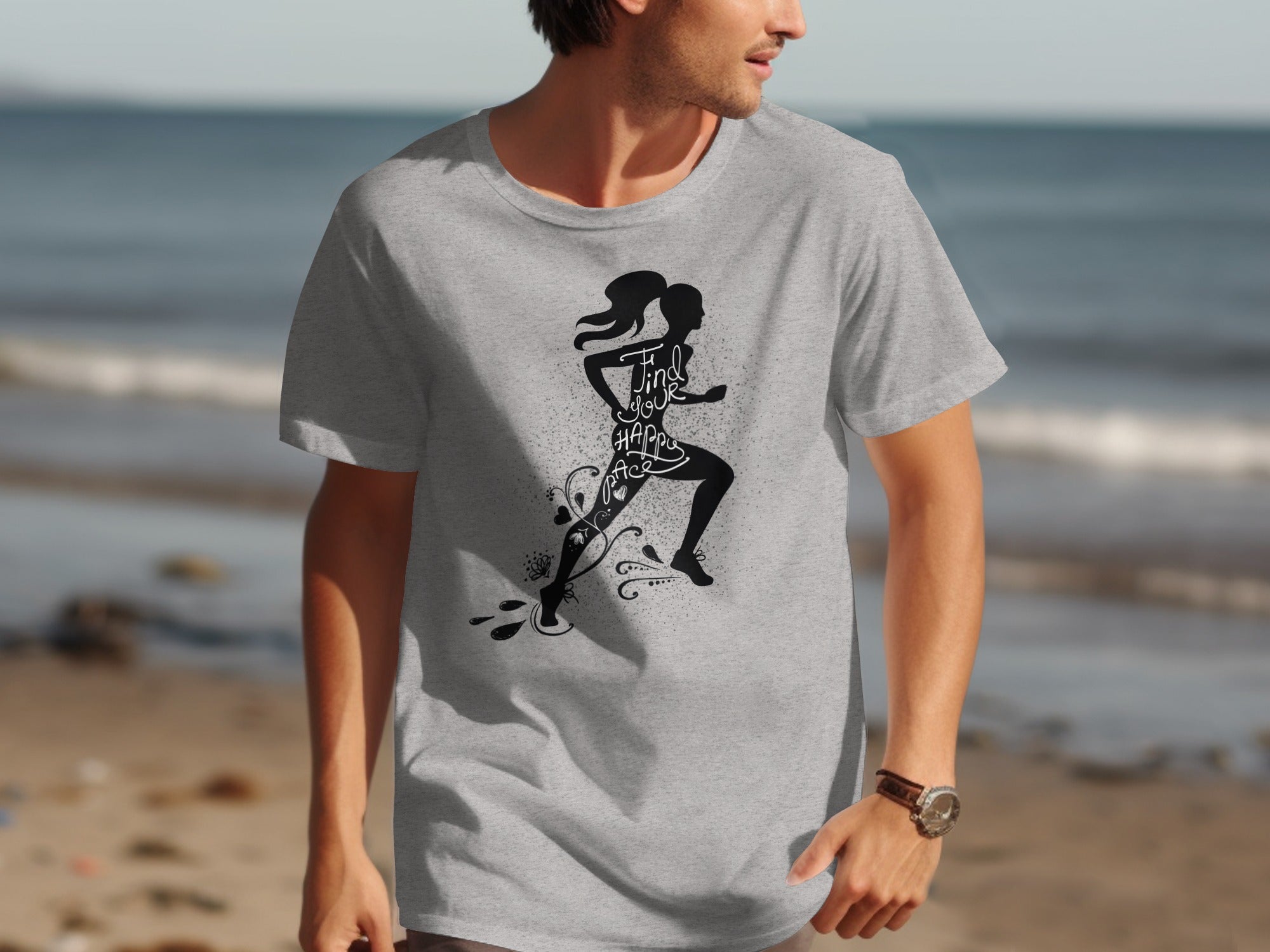 Grey t-shirt with black silhouette of runner and "Find your happy place" text.