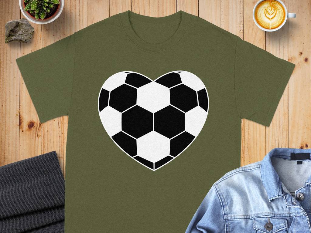 Olive green t-shirt with a black and white heart-shaped soccer ball design.