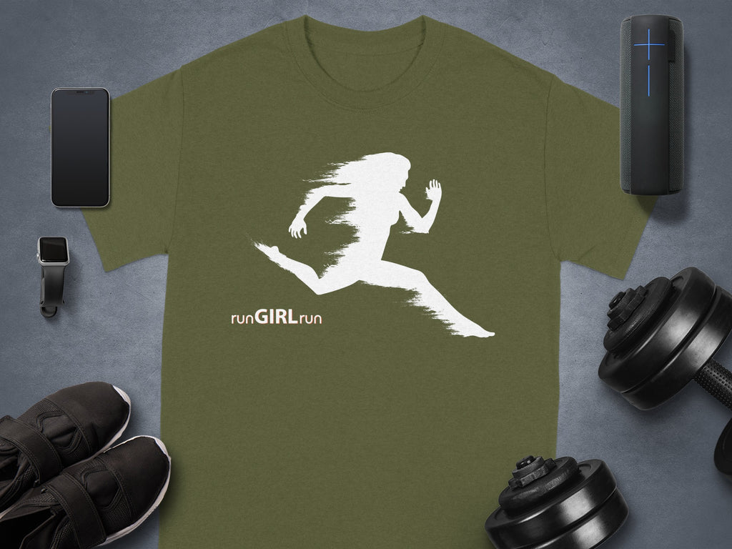 Olive green t-shirt with white silhouette of a running woman and text "runGIRLrun".