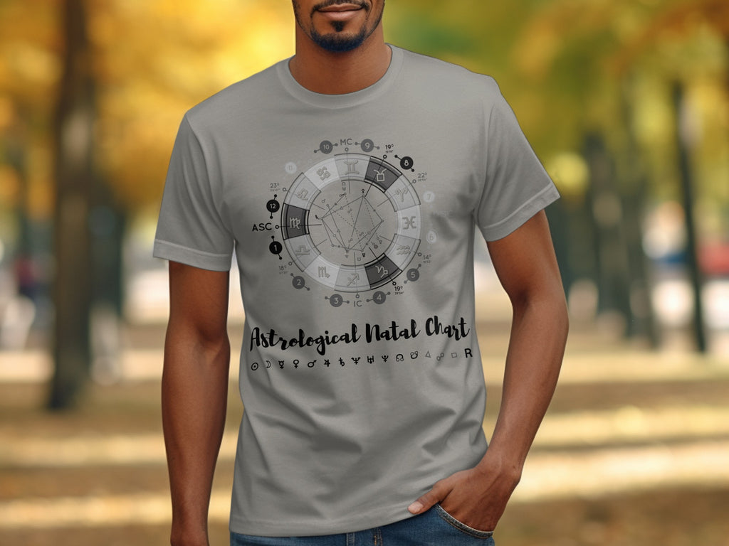 Astrological Natal Chart graphic with zodiac symbols on a grey t-shirt.