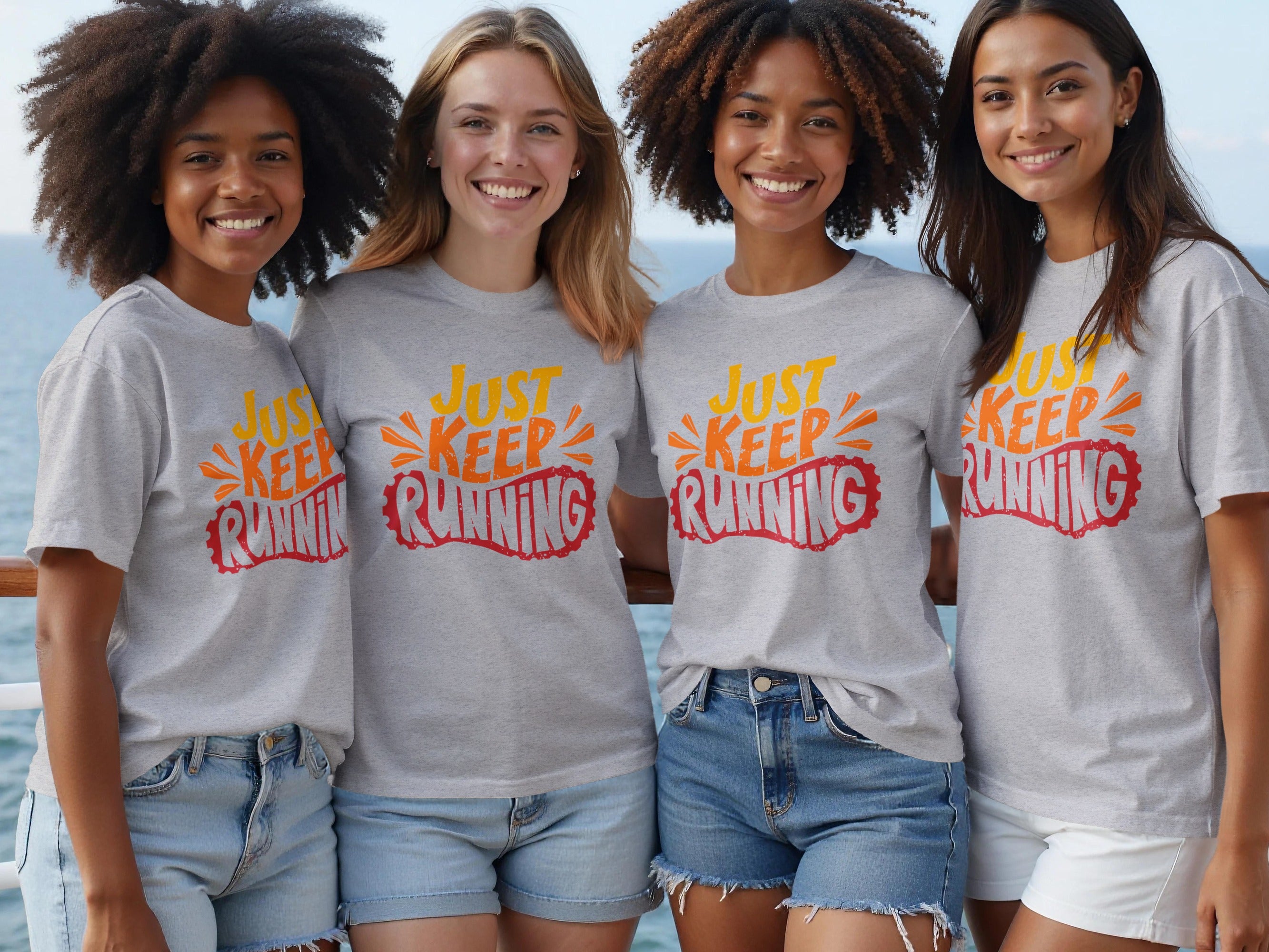 Four women wear grey t-shirts with "JUST KEEP RUNNING" text and a graphic of a running shoe sole.