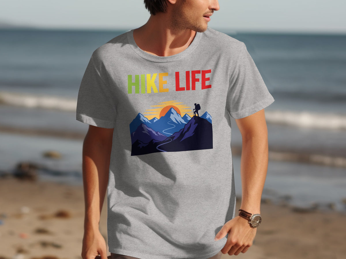 Gray t-shirt with "HIKE LIFE" text and mountain landscape graphic.
