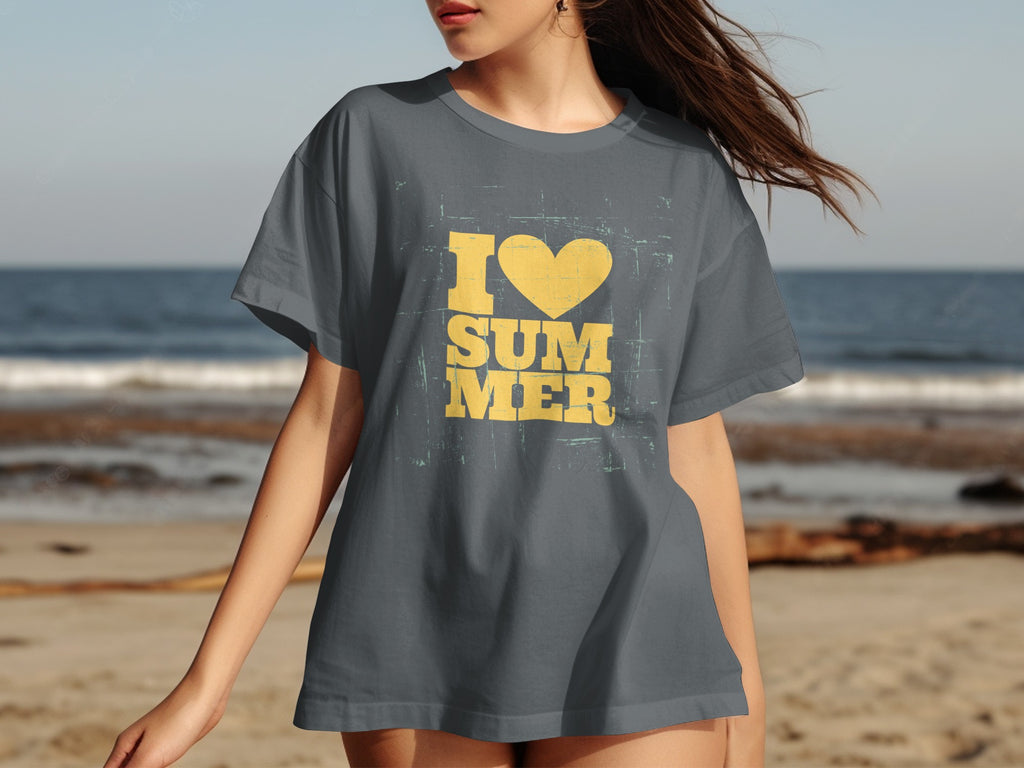 Dark grey t-shirt with yellow "I LOVE SUMMER" text and heart graphic.