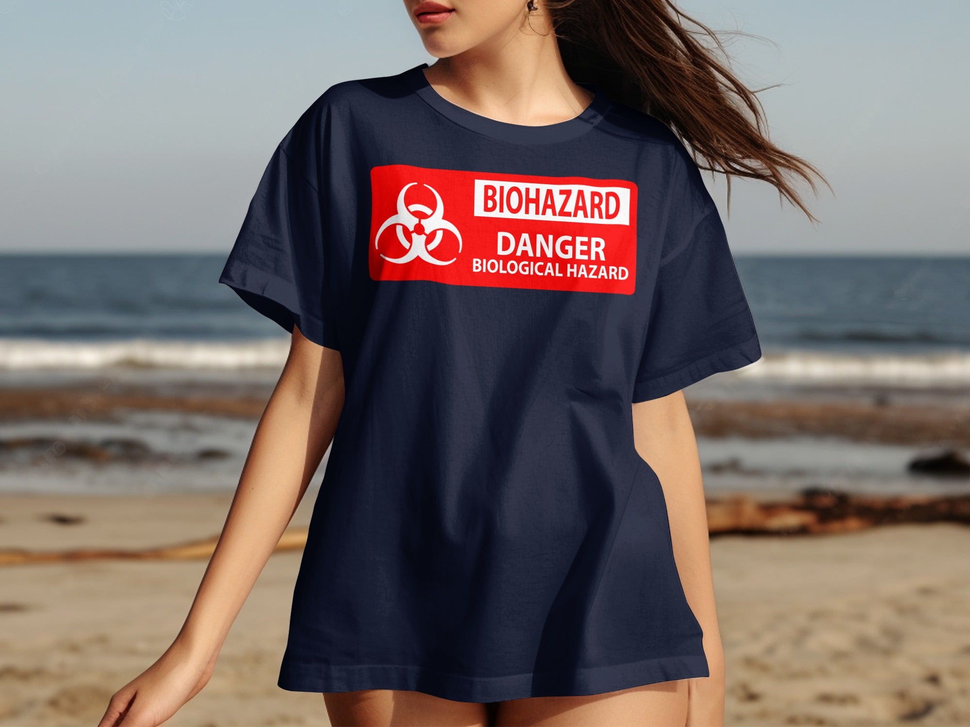 Navy t-shirt with a red biohazard warning symbol and text.