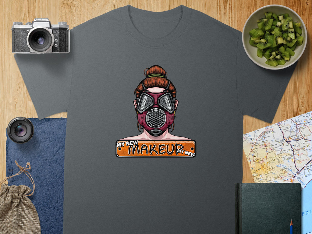 Graphic tee with woman wearing gas mask and "My New Makeup" text.