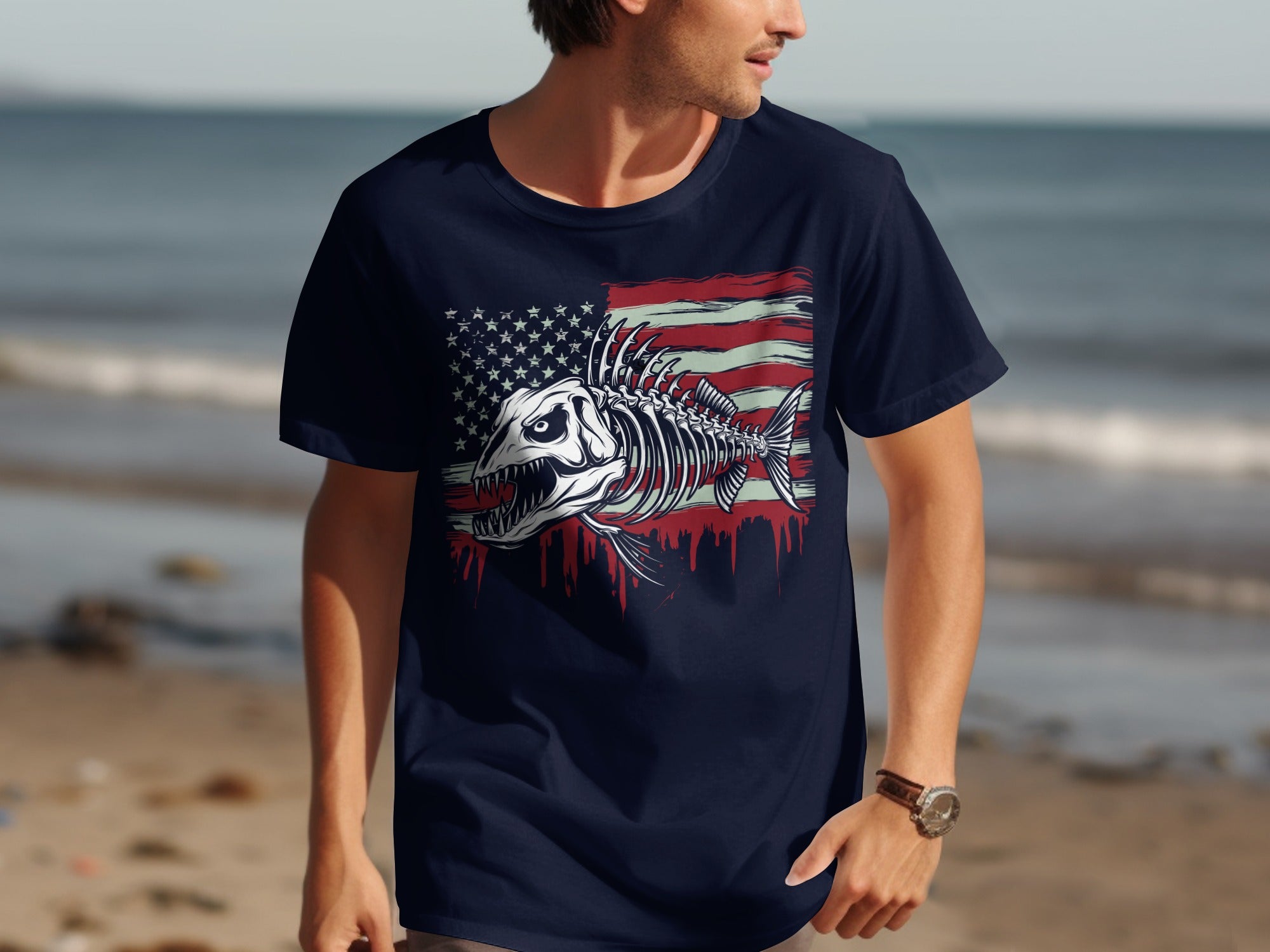 Navy t-shirt with a fish skeleton graphic in front of an American flag.