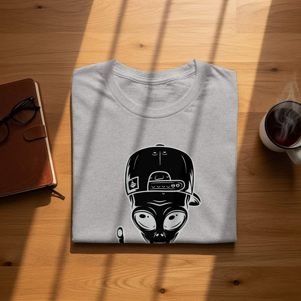 Grey t-shirt with a black alien graphic wearing a backwards baseball cap.