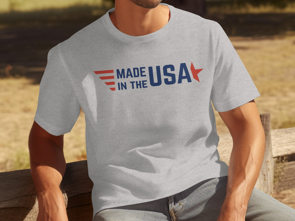 Grey t-shirt with "MADE IN THE USA" text and red star graphic.