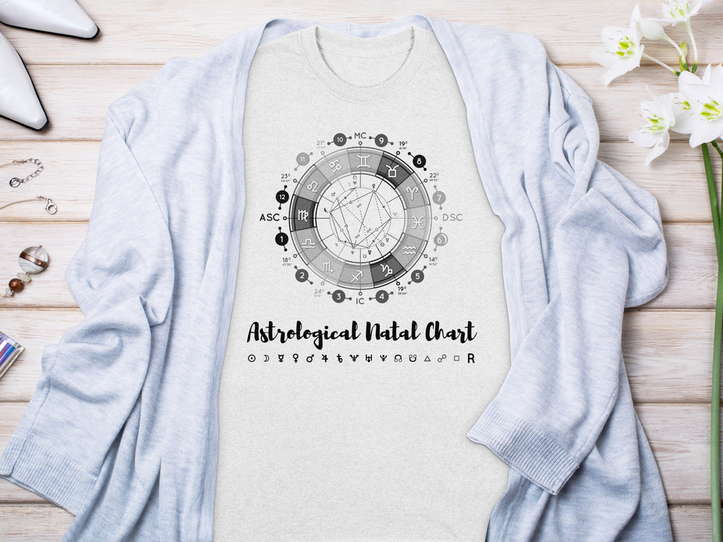 Astrological Natal Chart design with zodiac symbols on a light grey t-shirt.
