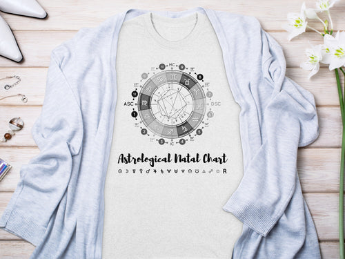 Astrological Natal Chart design with zodiac symbols on a light grey t-shirt.