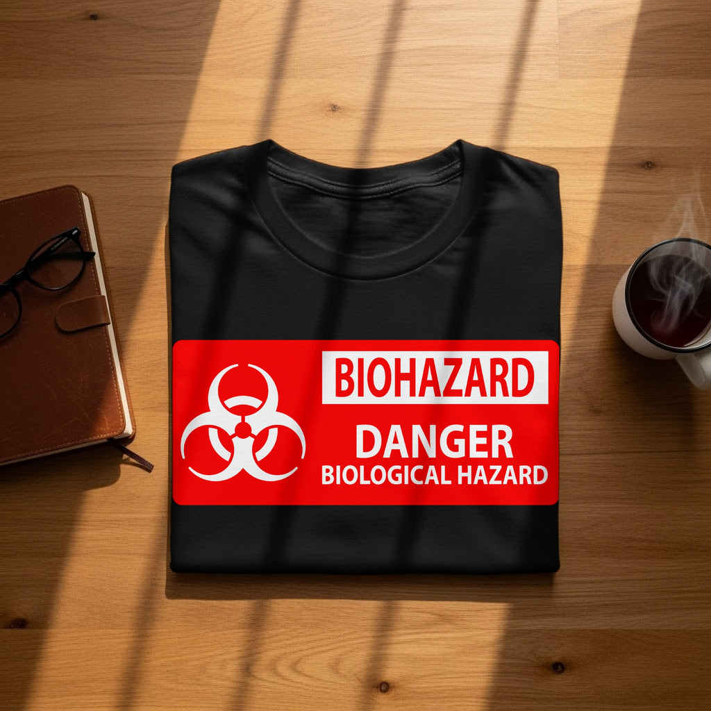 Black t-shirt with biohazard danger biological hazard design on a wooden surface.