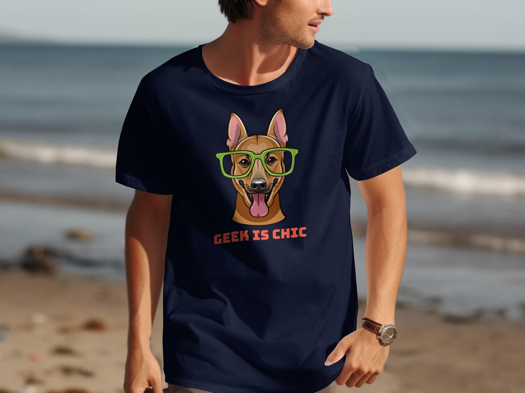 Navy blue t-shirt with a graphic of a dog wearing green glasses and the text "GEEK IS CHIC".