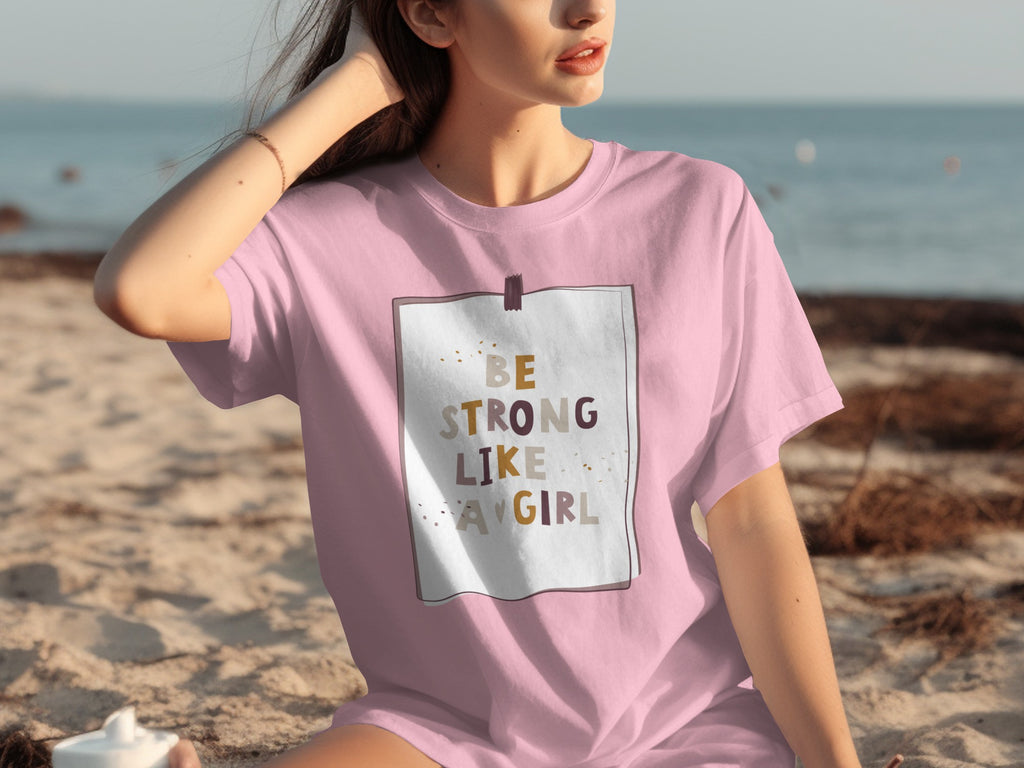 Pink t-shirt with "Be strong like a girl" text on a white note.