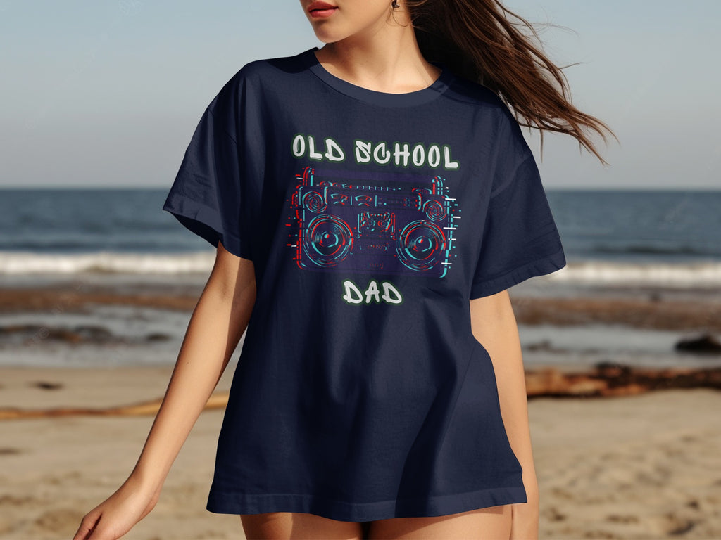 Navy t-shirt with "OLD SCHOOL DAD" and a glitch-effect boombox graphic.