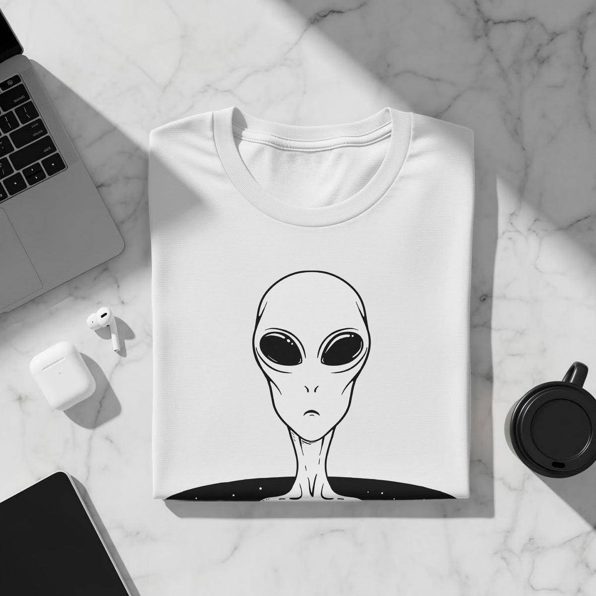 White t-shirt featuring a black line drawing of an alien head on a marble surface.