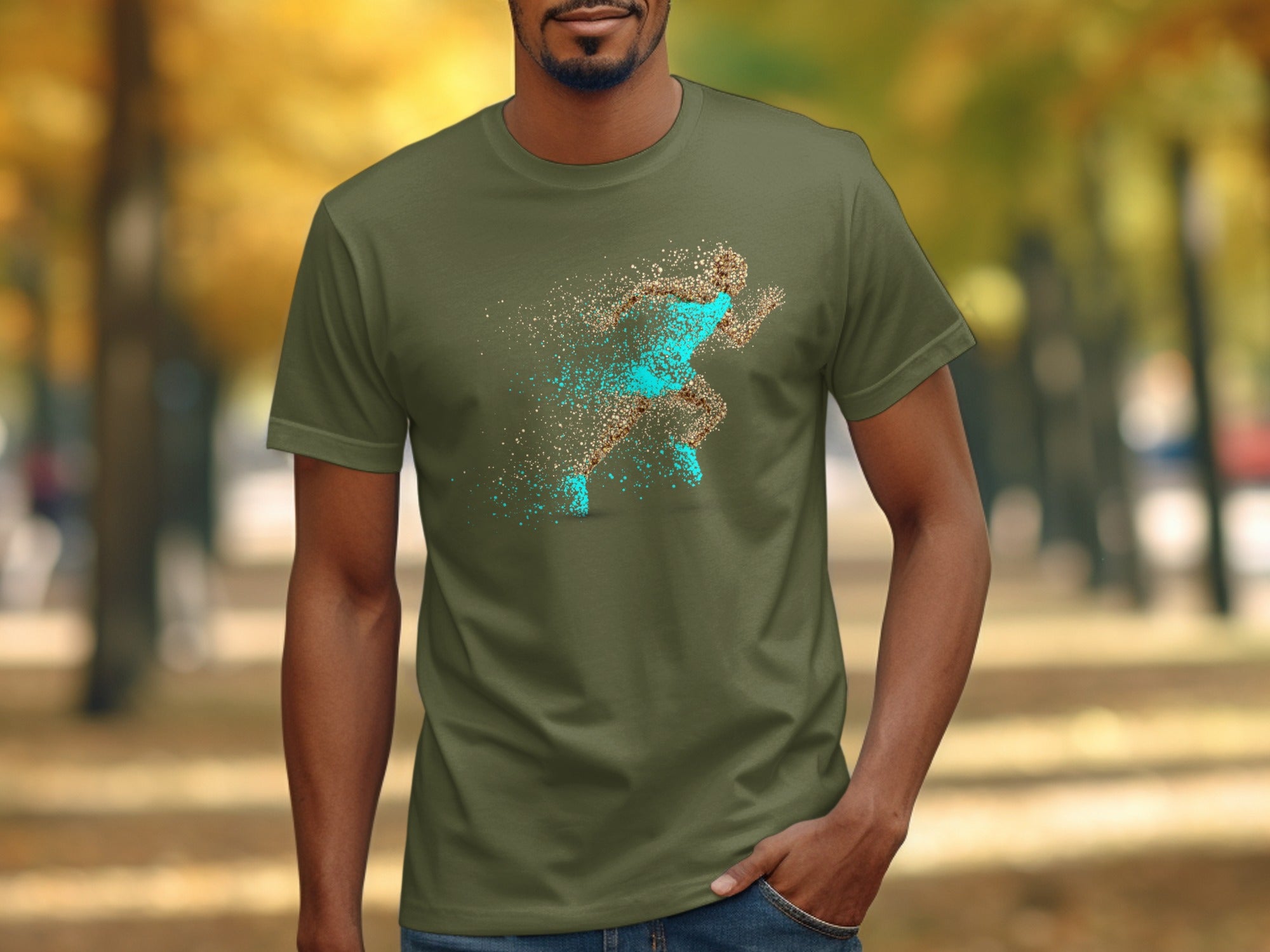 Olive green t-shirt with a running figure made of scattered dots.