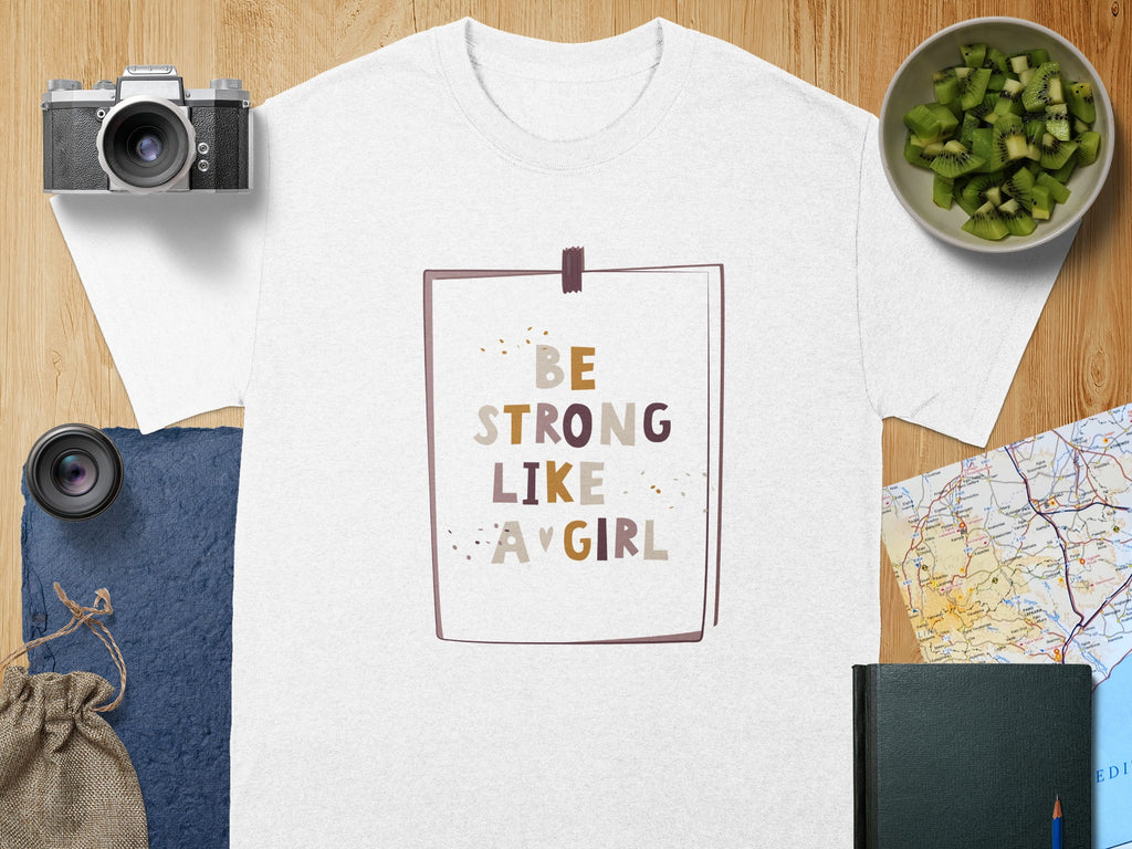 White t-shirt with "BE STRONG LIKE A GIRL" text graphic.