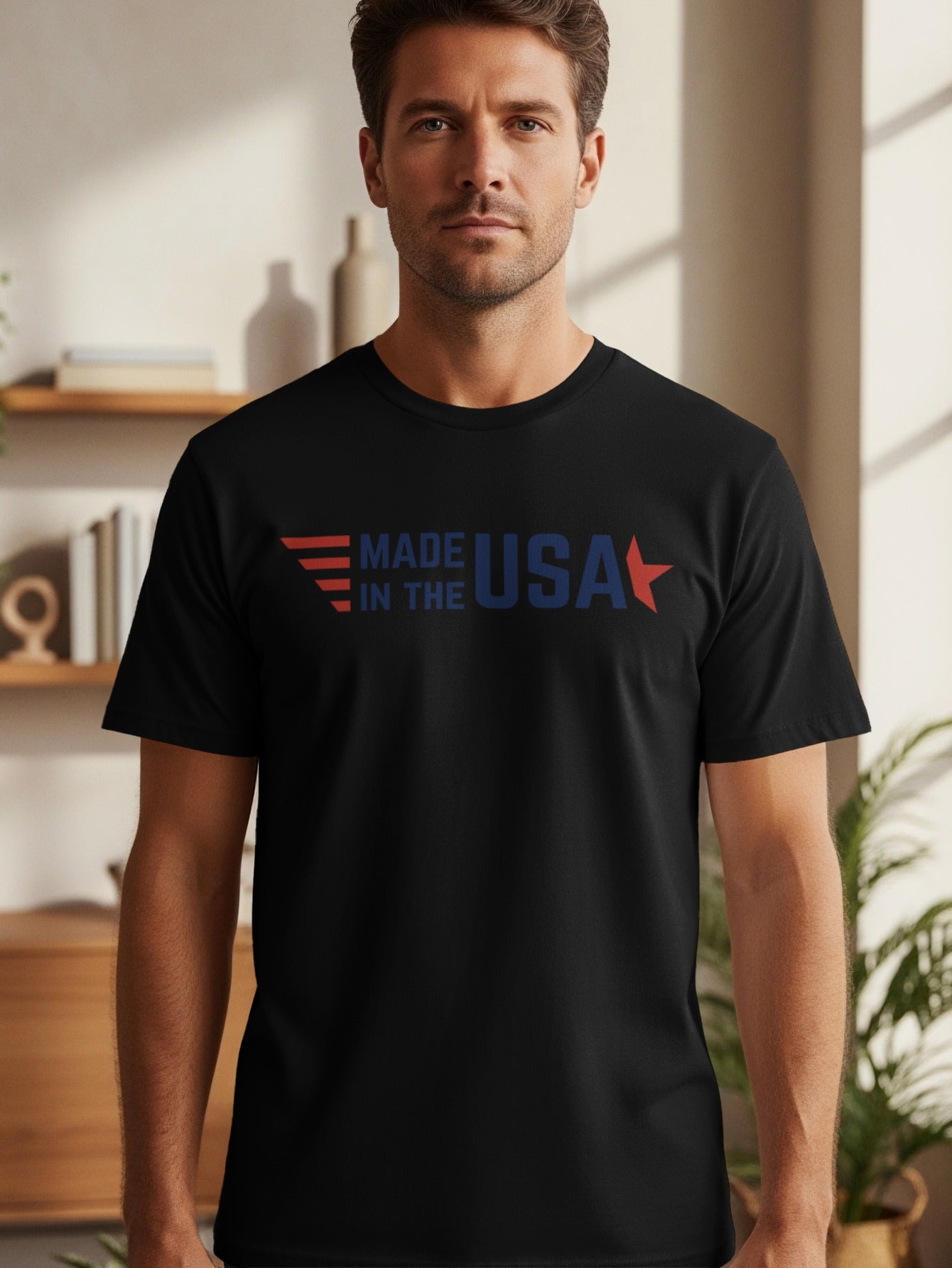 Black t-shirt with "MADE IN THE USA" text and red stripes with a blue star.