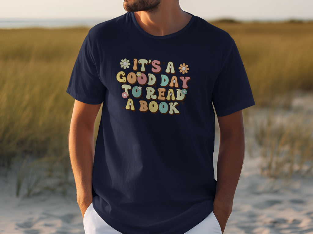 Dark blue t-shirt with text "IT'S A GOOD DAY TO READ A BOOK".
