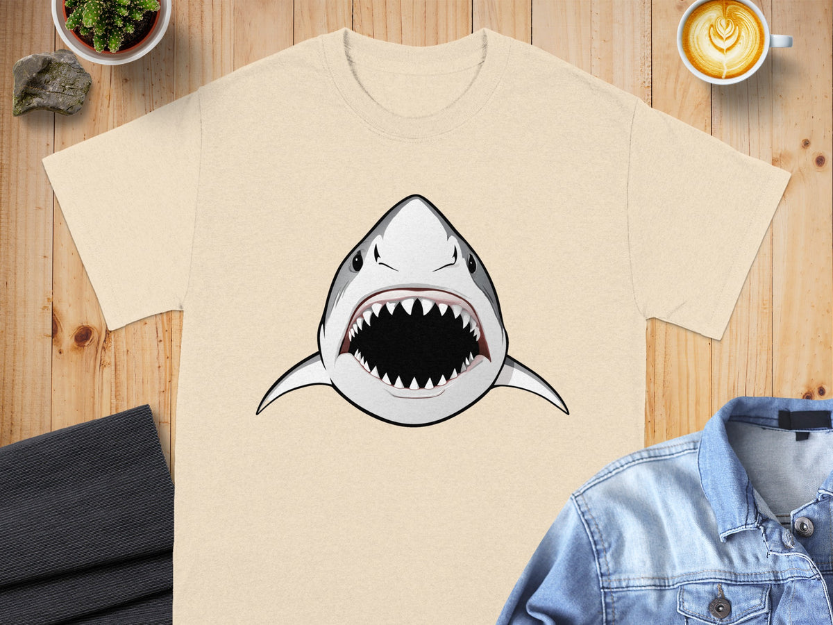 T-shirt with a cartoon great white shark graphic and open mouth.