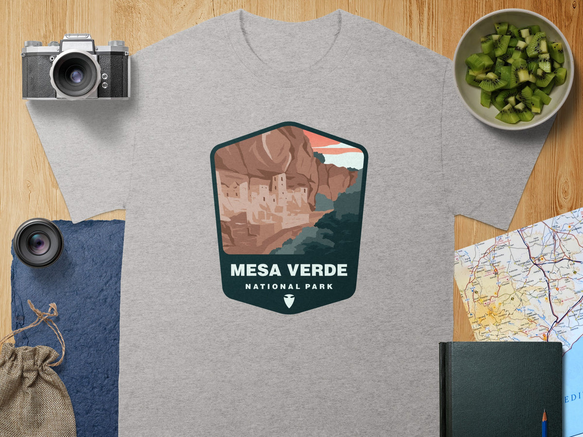 Grey t-shirt with Mesa Verde National Park shield graphic.