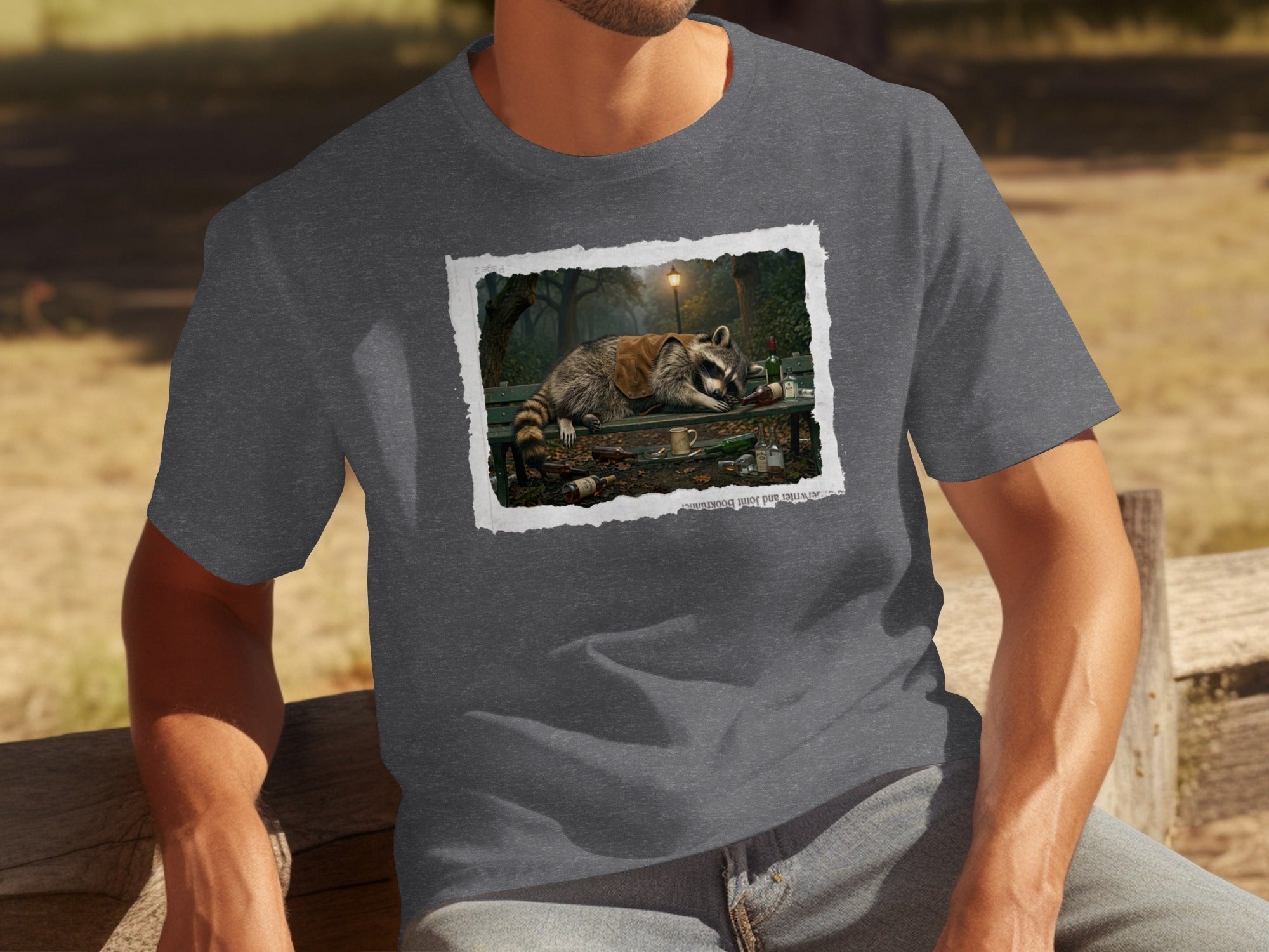 T-shirt with graphic of raccoon sleeping on park bench with bottles.