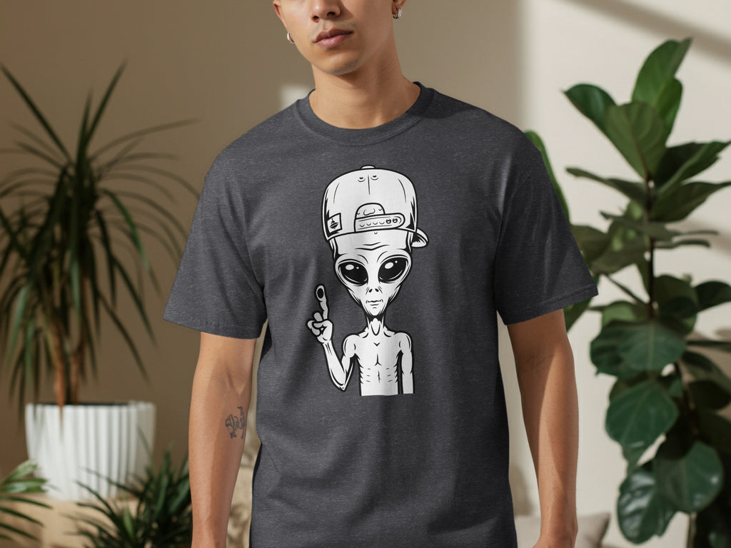 Dark gray t-shirt with a cartoon alien wearing a backwards baseball cap.