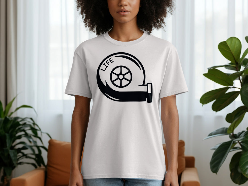 White t-shirt with black turbocharger graphic and "LIFE" text