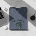 A navy t-shirt with a green graphic of a woman and "HOT GIRLS" text.