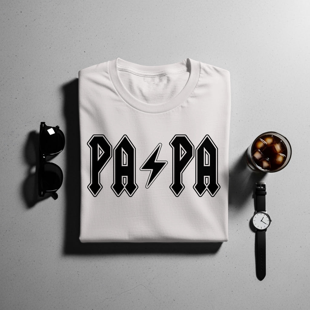 White t-shirt with black 'PAPA' text and lightning bolt graphic.