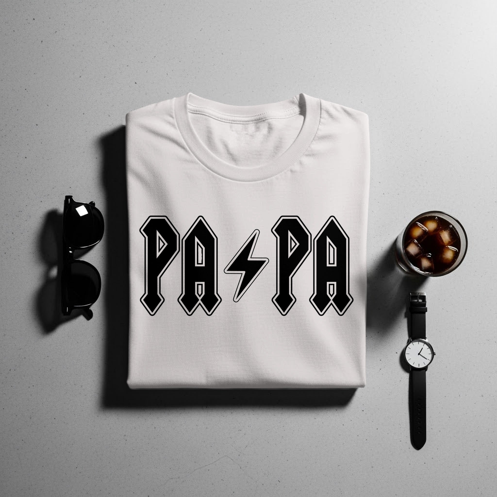 White t-shirt with black 'PAPA' text and lightning bolt graphic.