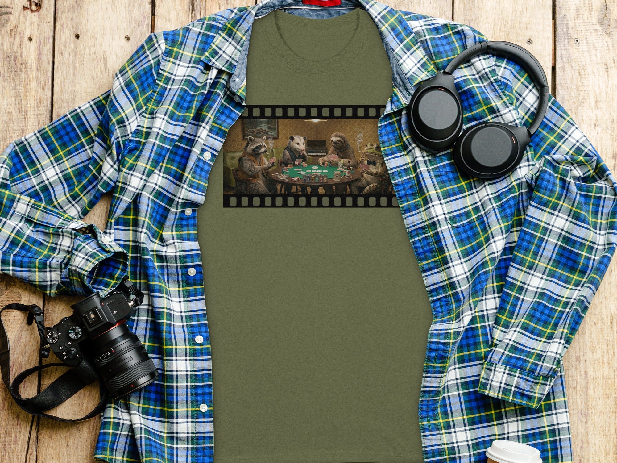 T-shirt with film strip graphic of animals playing poker