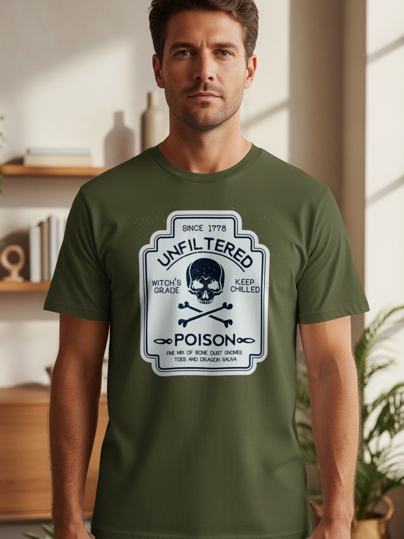 Green t-shirt with "Unfiltered Poison" label featuring skull and crossbones.