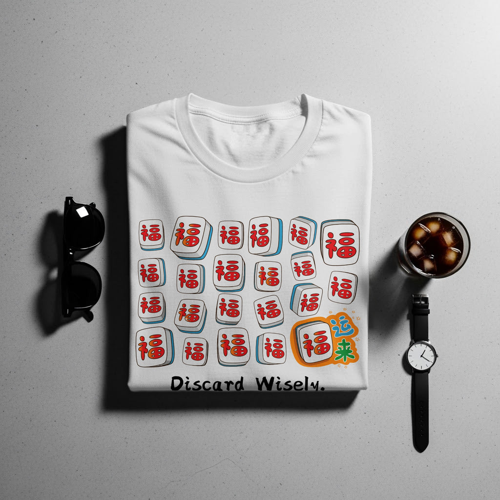 White t-shirt with mahjong tiles featuring the Chinese character for "fortune" and "luck is coming".