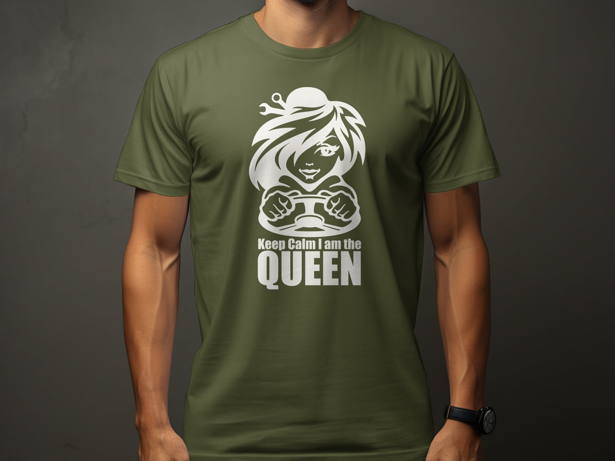 Green t-shirt with white graphic of woman driving and text "Keep Calm I am the QUEEN".