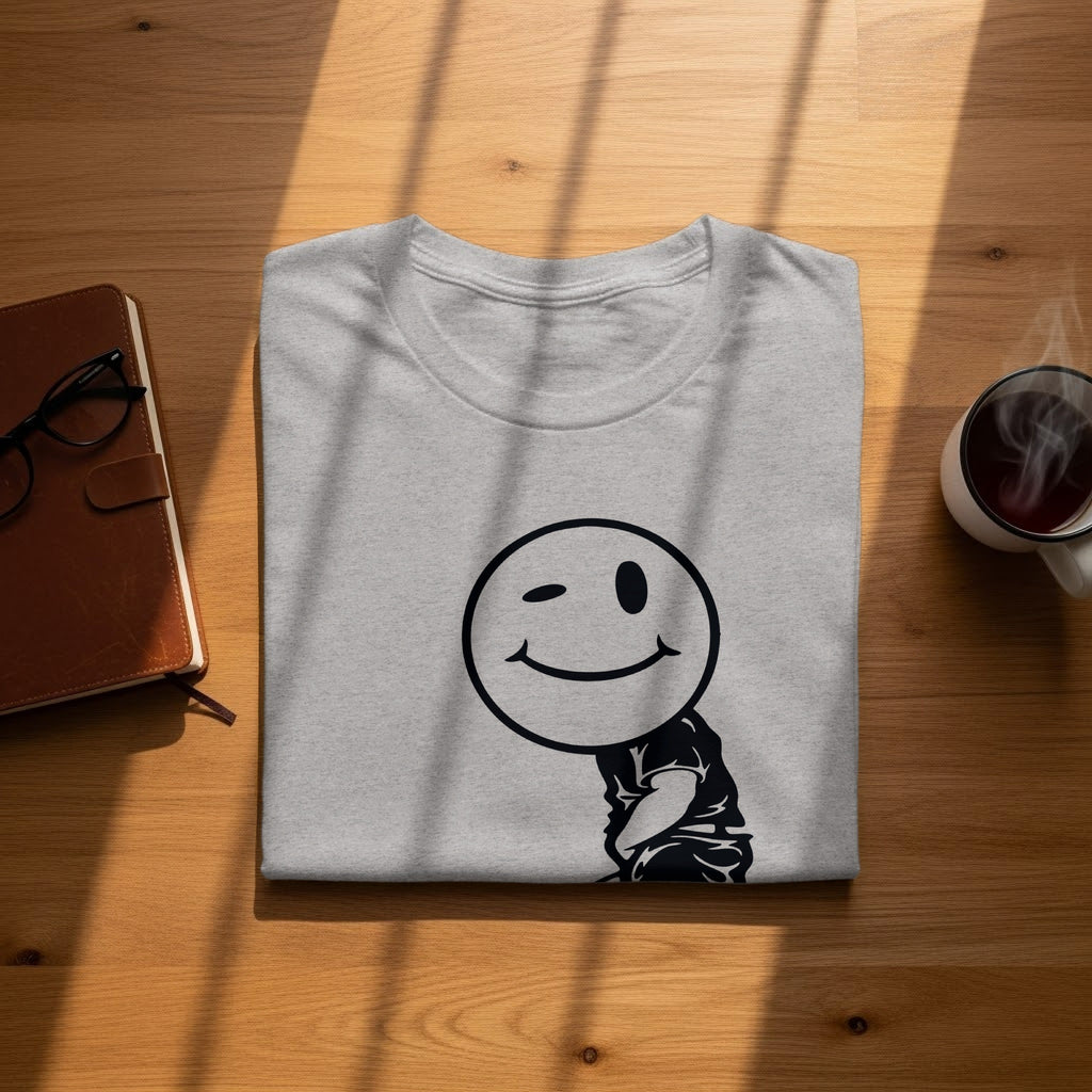 Grey t-shirt with a black winking smiley face and seated figure graphic.
