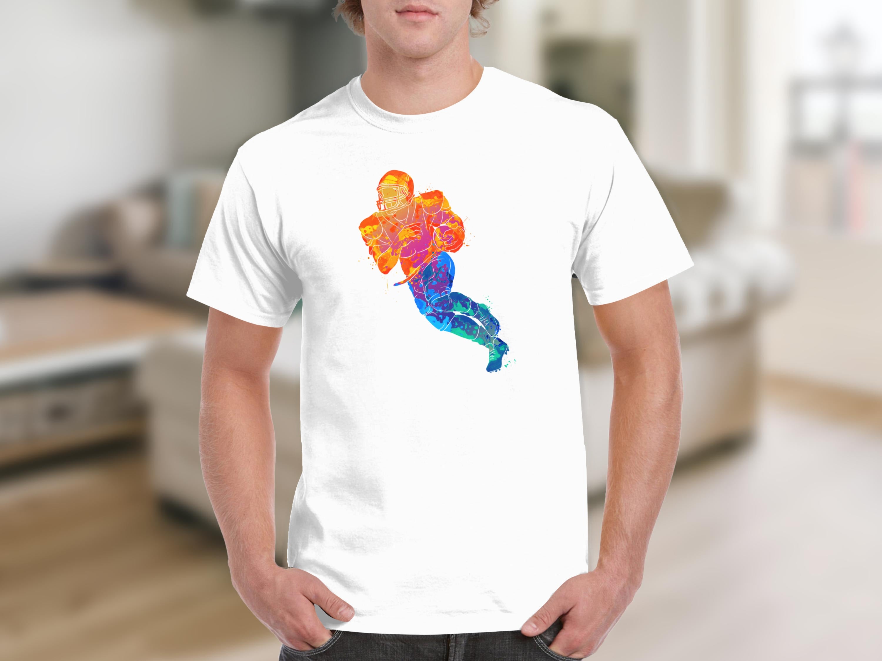 White t-shirt featuring a colorful watercolor-style football player graphic.