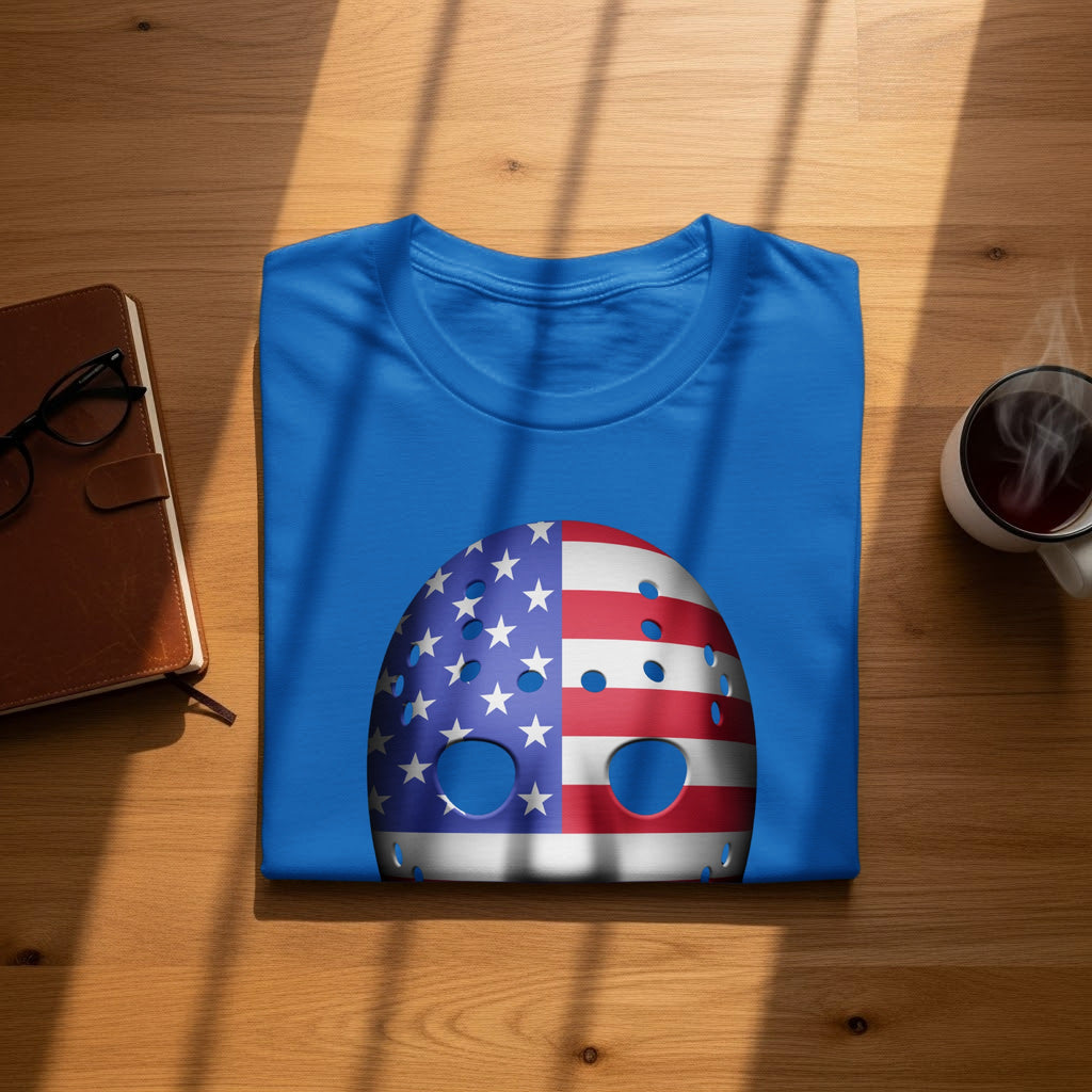 Blue t-shirt with American flag hockey mask design.