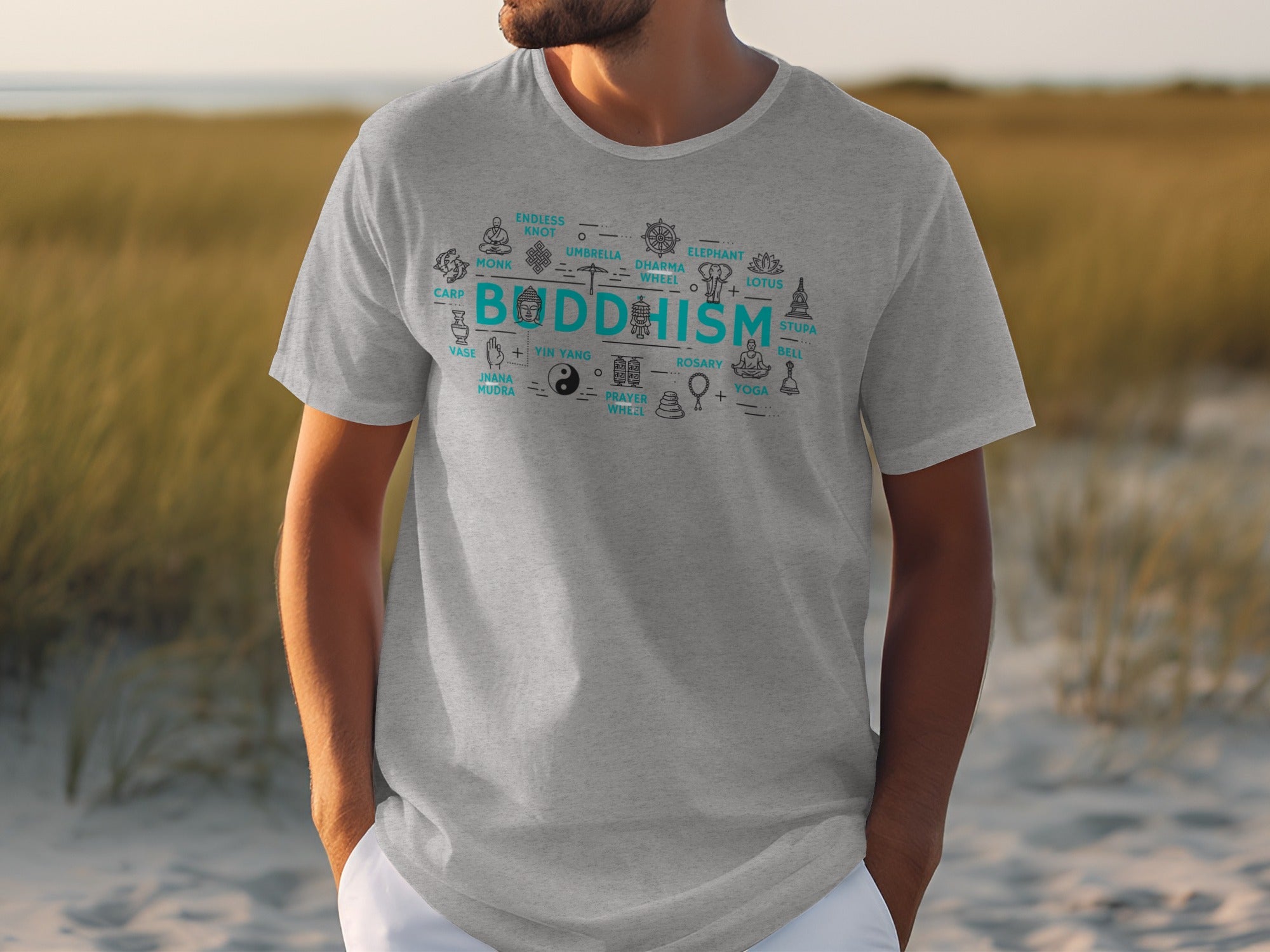 Gray t-shirt with "Buddhism" and related symbols in teal.