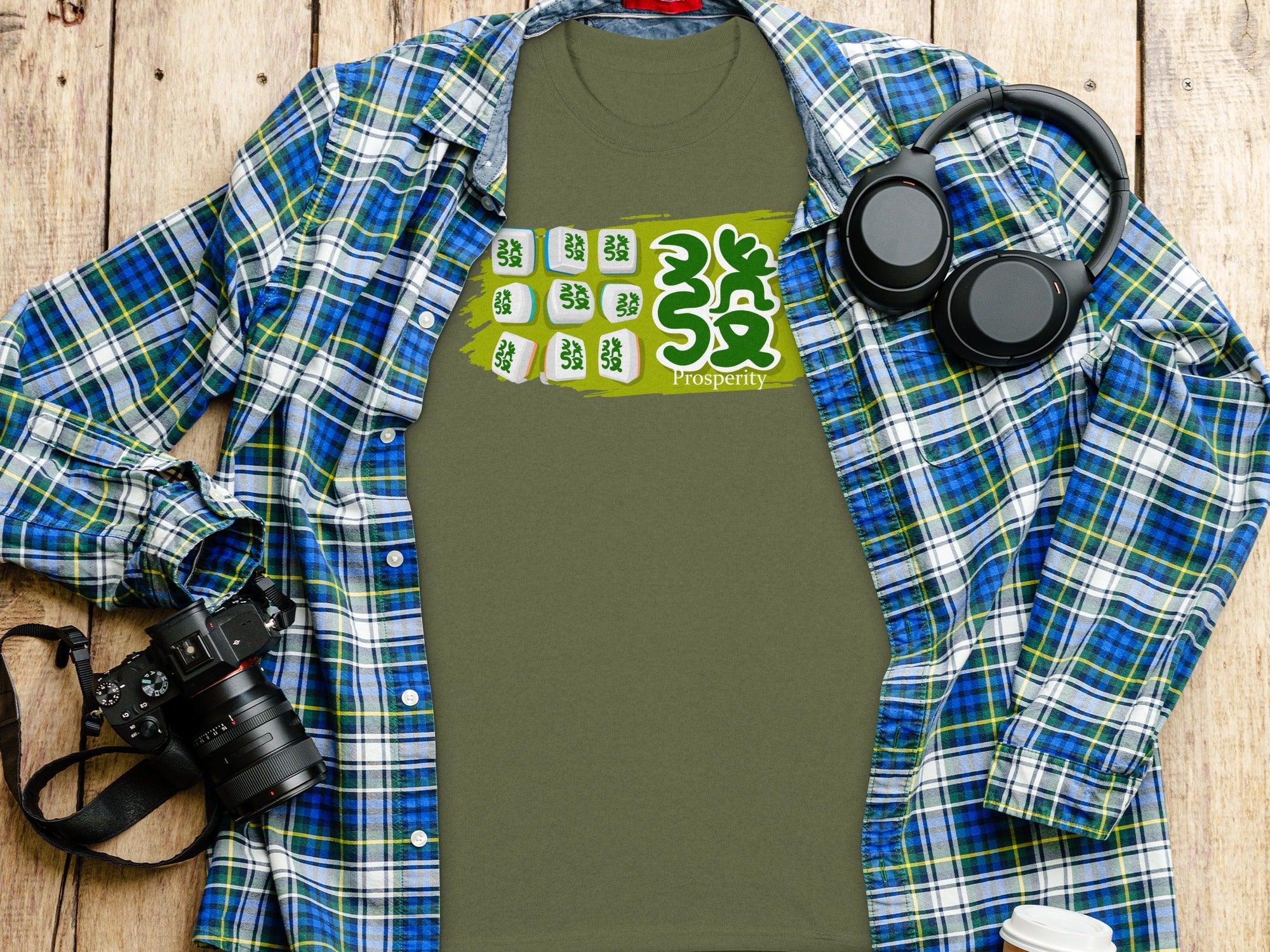 Green t-shirt with Mahjong tiles and Chinese characters, "Prosperity" text.