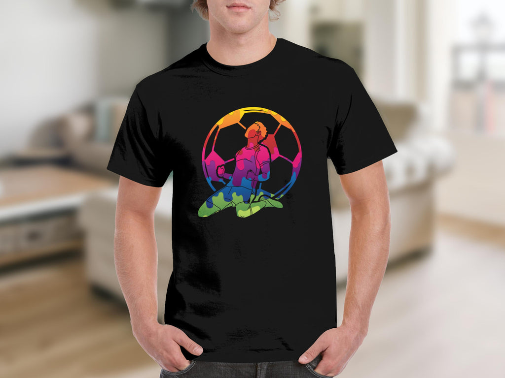 Black t-shirt with colorful soccer player celebrating in front of a soccer ball outline.